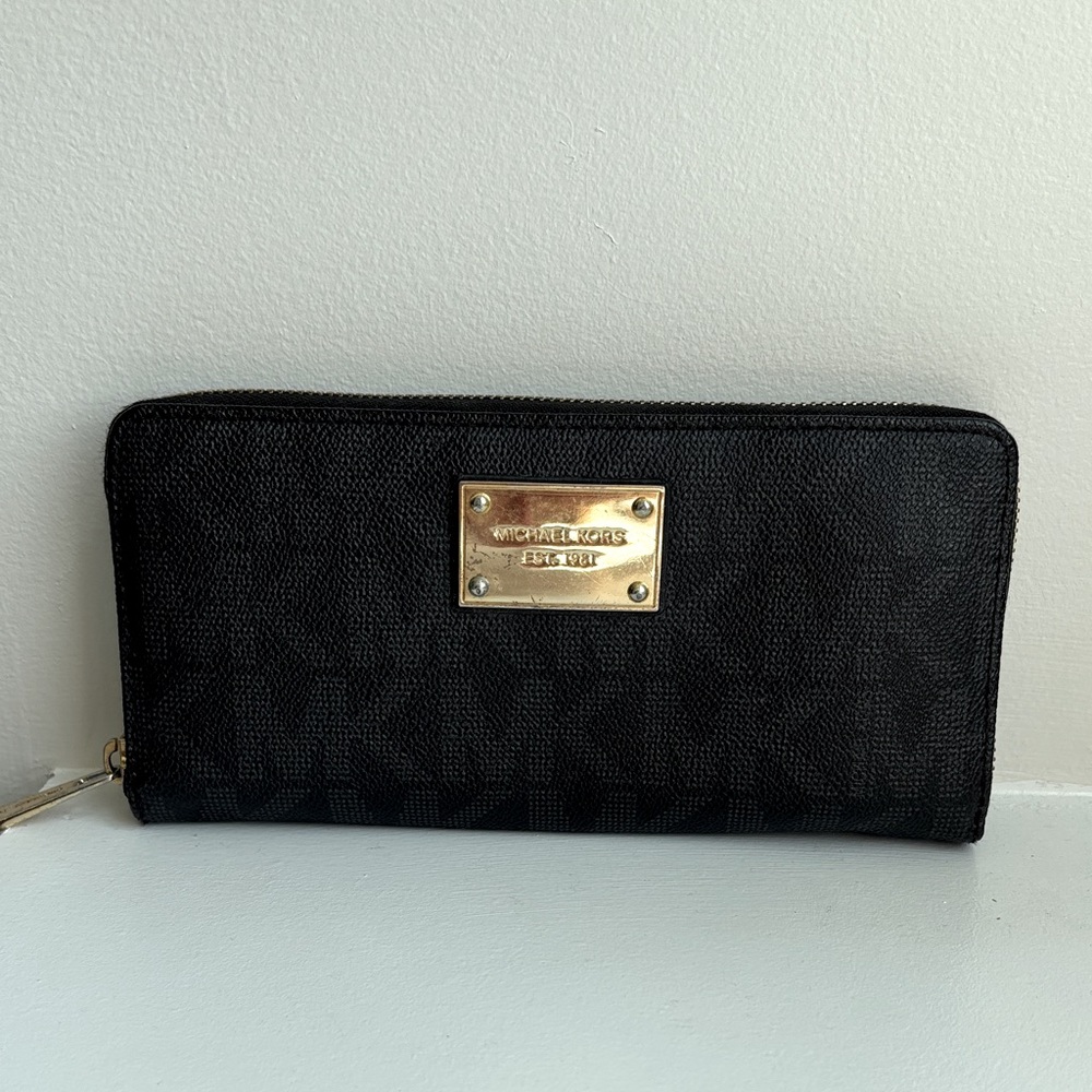 Michael Kors Black Zip Wallet with Gold Logo